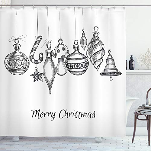 ABAKUHAUS Weihnachten Duschvorhang, Flüchtiges Ornament, Stoffliches Gewebe Badezimmerdekorationsset mit Haken, 175 x 180 cm, Weiß Schwarz von ABAKUHAUS