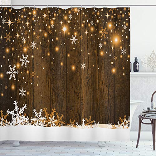 ABAKUHAUS Weihnachten Duschvorhang, Holz und Schneeflocken, Stoffliches Gewebe Badezimmerdekorationsset mit Haken, 175 x 180 cm, Braun weiß von ABAKUHAUS