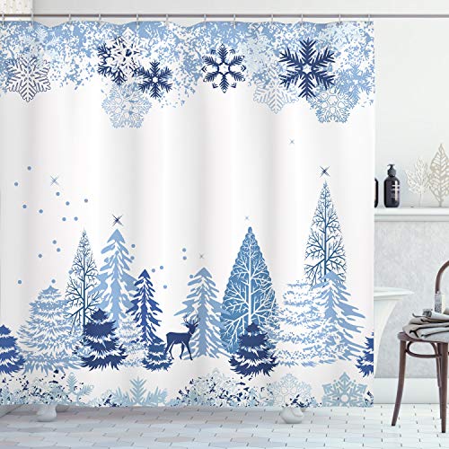 ABAKUHAUS Weihnachten Duschvorhang, Winterwald, Stoffliches Gewebe Badezimmerdekorationsset mit Haken, 175 x 200 cm, Mehrfarbig von ABAKUHAUS