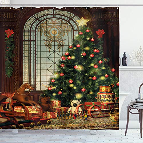 ABAKUHAUS Weihnachten Duschvorhang, Weihnachtsbaum, Stoffliches Gewebe Badezimmerdekorationsset mit Haken, 175 x 220 cm, Braun Grün Rot von ABAKUHAUS