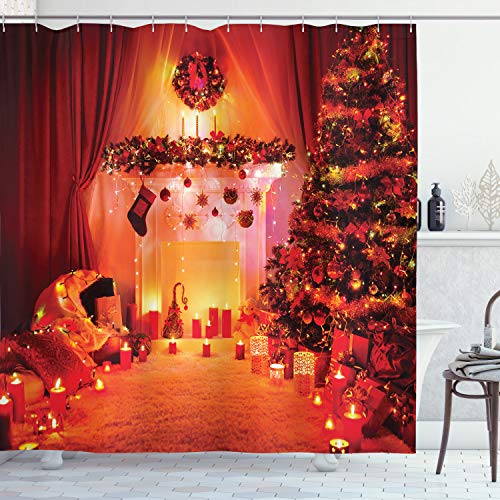 ABAKUHAUS Weihnachten Duschvorhang, Noel New Years Theme, Stoffliches Gewebe Badezimmerdekorationsset mit Haken, 175 x 220 cm, Orange von ABAKUHAUS