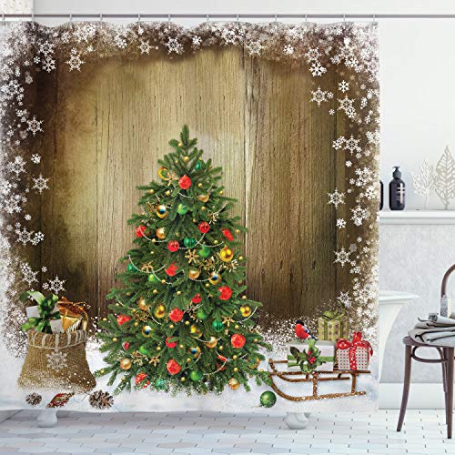ABAKUHAUS Weihnachten Duschvorhang, Pine Tree Presents, Wasser Blickdicht inkl.12 Ringe Langhaltig Bakterie und Schimmel Resistent, 175 x 200 cm, Grün Braun von ABAKUHAUS