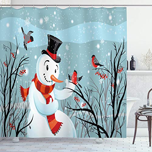 ABAKUHAUS Weihnachten Duschvorhang, Snowy-Winter-Baum, Stoffliches Gewebe Badezimmerdekorationsset mit Haken, 175 x 180 cm, Mandelgrün Orange von ABAKUHAUS