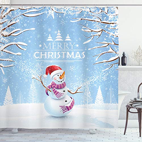 ABAKUHAUS Weihnachten Duschvorhang, Snowy-Winter-Noel, Stoffliches Gewebe Badezimmerdekorationsset mit Haken, 175 x 180 cm, Weiß Blau von ABAKUHAUS