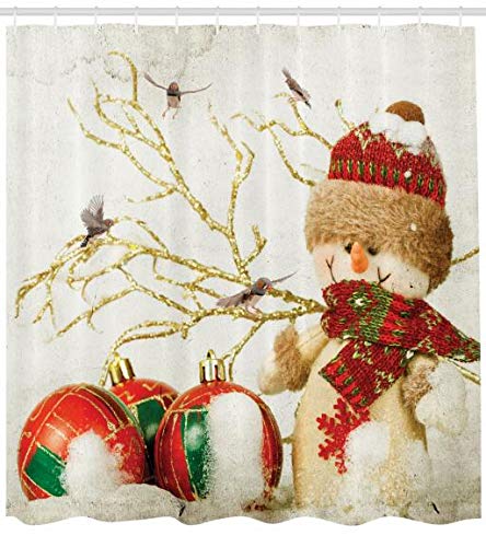 ABAKUHAUS Weihnachten Duschvorhang, Vintage Style Snowman, Waschbar und Pflegeleicht mit 12 Haken Hochwertiger Druck Farbfest Langhaltig, 175 x 200 cm, Rot Weiß von ABAKUHAUS