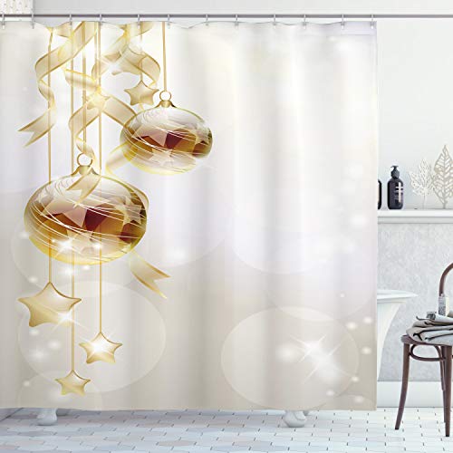 ABAKUHAUS Weihnachten Duschvorhang, Weihnachtskugeln Moderne, Stoffliches Gewebe Badezimmerdekorationsset mit Haken, 175 x 180 cm, Gelb Weiß Braun von ABAKUHAUS