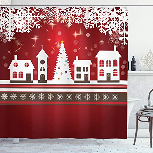 ABAKUHAUS Weihnachten Duschvorhang, Winter-Thema-Baum, Stoffliches Gewebe Badezimmerdekorationsset mit Haken, 175 x 200 cm, Weiß Rot von ABAKUHAUS