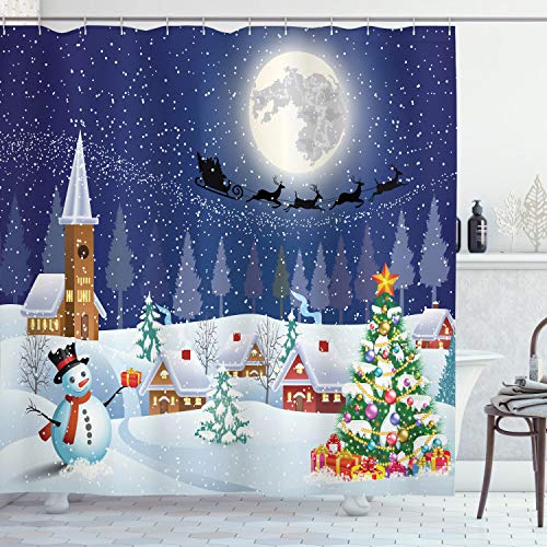 ABAKUHAUS Weihnachten Duschvorhang, Winterlandschaft, Stoffliches Gewebe Badezimmerdekorationsset mit Haken, 175 x 220 cm, Weiß Blau von ABAKUHAUS
