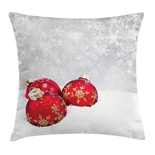 ABAKUHAUS Weihnachten Kissenbezug, Kugeln auf Schneeflocke, Klöppelkissenhüllen mit Beidseitigen Druck Farbfest Waschbar und Reißverschluß, 40 x 40 cm, Weiß Rot von ABAKUHAUS