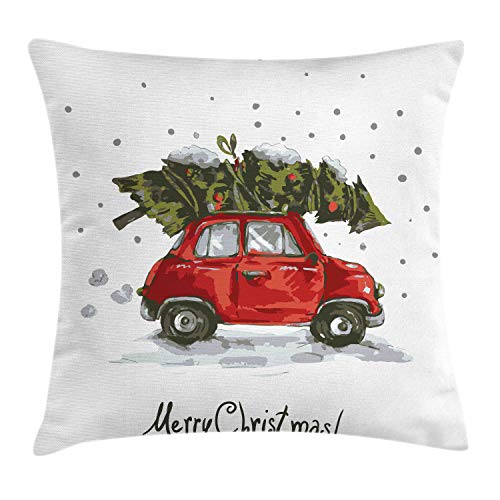 ABAKUHAUS Weihnachten Kissenbezug, Retro-Auto mit Baum, Kissenhülle mit Reißverschluss Waschbar Farbfest Beidseitiger Druck, 50 x 50 cm, Weiß Grün von ABAKUHAUS