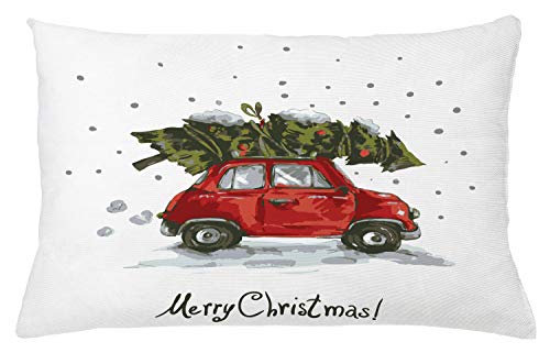 ABAKUHAUS Weihnachten Kissenbezug, Retro-Auto mit Baum, Kissenhülle mit Reißverschluss Waschbar Farbfest Beidseitiger Druck, 65 x 40 cm, Weiß Grün von ABAKUHAUS