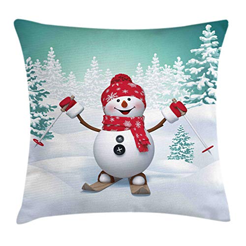 ABAKUHAUS Weihnachten Kissenbezug, Skifahren-Schneemann-Bäume, Wasser und Schmutz resistent Stoff Digital Druck Für den Innen oder Außen Bereich, 60 x 60 cm, Weiß Teal von ABAKUHAUS