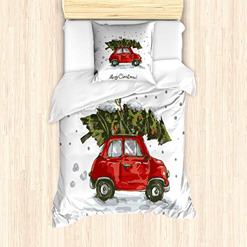 ABAKUHAUS Weihnachten Bettbezug Set, Retro-Auto mit Baum, Milbensicher Allergiker geeignet mit Kissenbezügen, 135 cm x 200 cm - 80 x 80 cm, rot grün von ABAKUHAUS