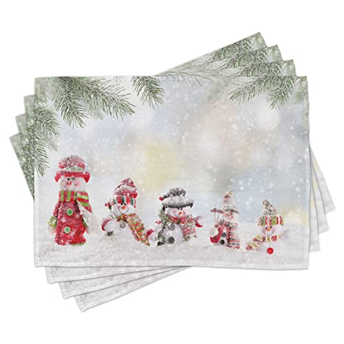 ABAKUHAUS Weihnachten Platzmatten, Kleine Schneemann im Schnee, Waschbare Stoff Esszimmer Küche Tischdekorations Digitaldruck, Weiß Rot von ABAKUHAUS