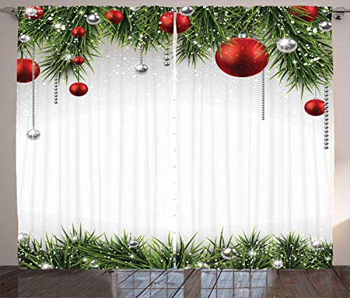 ABAKUHAUS Weihnachten Rustikaler Gardine, Baum Balls Ornamente, Schlafzimmer Kräuselband Vorhang mit Schlaufen und Haken, 280 x 260 cm, Grün Rot von ABAKUHAUS