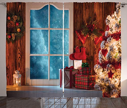 ABAKUHAUS Weihnachten Rustikaler Gardine, Gefrorene Schnee Haus, Schlafzimmer Kräuselband Vorhang mit Schlaufen und Haken, 280 x 245 cm, Blau Rot von ABAKUHAUS