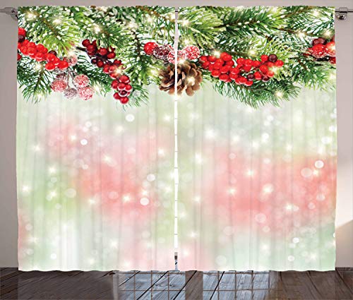 ABAKUHAUS Weihnachten Rustikaler Gardine, Grüne Zweige Holly, Schlafzimmer Kräuselband Vorhang mit Schlaufen und Haken, 280 x 245 cm, Grün braun Rot von ABAKUHAUS