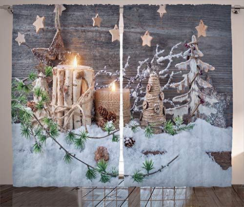 ABAKUHAUS Weihnachten Rustikaler Gardine, Kerzen mit Laternen, Schlafzimmer Kräuselband Vorhang mit Schlaufen und Haken, 280 x 245 cm, Weiß Braun von ABAKUHAUS