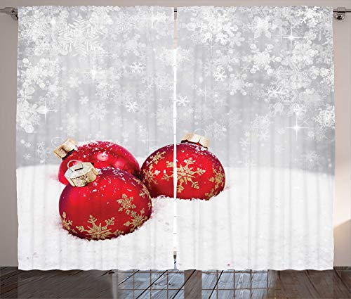 ABAKUHAUS Weihnachten Rustikaler Gardine, Kugeln auf Schneeflocke, Schlafzimmer Kräuselband Vorhang mit Schlaufen und Haken, 280 x 175 cm, Rot Weiß von ABAKUHAUS
