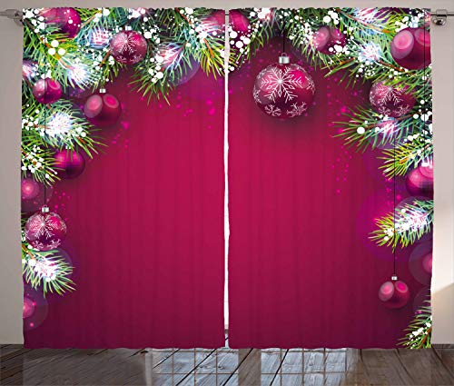 ABAKUHAUS Weihnachten Rustikaler Vorhang, Baumkugeln Schneeflocken, Wohnzimmer Universalband Gardinen mit Schlaufen und Haken, 280 x 245 cm, Magenta Grün von ABAKUHAUS