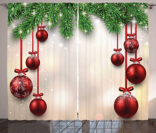 ABAKUHAUS Weihnachten Rustikaler Vorhang, Red Ball Ribbons, Wohnzimmer Universalband Gardinen mit Schlaufen und Haken, 280 x 225 cm, Grün Rot von ABAKUHAUS