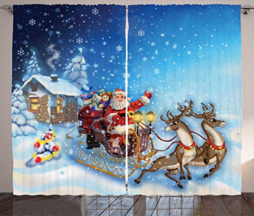 ABAKUHAUS Weihnachten Rustikaler Vorhang, Sankt im Pferdeschlitten Spielzeug, Wohnzimmer Universalband Gardinen mit Schlaufen und Haken, 280 x 245 cm, Nachtblau Rot von ABAKUHAUS
