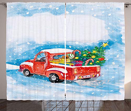 ABAKUHAUS Weihnachten Rustikaler Vorhang, Truck Winterlandschaft, Wohnzimmer Universalband Gardinen mit Schlaufen und Haken, 280 x 175 cm, Weiß Blau Rot von ABAKUHAUS