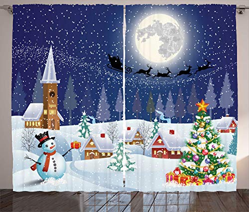 ABAKUHAUS Weihnachten Rustikaler Gardine, Winterlandschaft, Schlafzimmer Kräuselband Vorhang mit Schlaufen und Haken, 280 x 245 cm, Weiß Blau von ABAKUHAUS