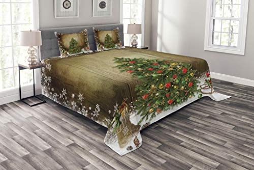 ABAKUHAUS Weihnachten Tagesdecke Set, Pine Tree Presents, Set mit Kissenbezügen Sommerdecke, für Doppelbetten 220 x 220 cm, Grün Beige von ABAKUHAUS