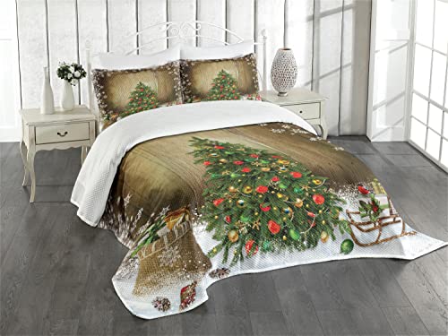 ABAKUHAUS Weihnachten Tagesdecke Set, Pine Tree Presents, Set mit Kissenbezügen Sommerdecke, für Doppelbetten 264 x 220 cm, Grün Beige von ABAKUHAUS