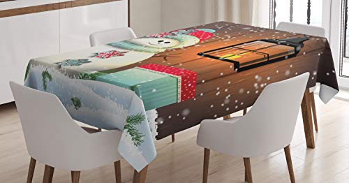 ABAKUHAUS Weihnachten Tischdecke, Garten mit Geschenkkarton, Schmutzabweisent mit Modernster Druck Technologie Waschbar Klare Farben, 140 x 170 cm, Weiß Braun von ABAKUHAUS