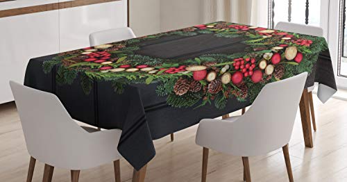ABAKUHAUS Weihnachten Tischdecke, Tanne Weihnachten Kranz, Druck mit Klaren Farben ohne Verblassen Waschbar für innen oder Außen Bereich, 140 x 200 cm, Grün Rot von ABAKUHAUS