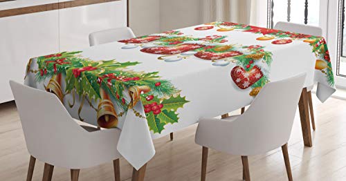 ABAKUHAUS Weihnachten Tischdecke, Blumen Socken und Glocken, Schmutzabweisend Pflegeleicht Waschbar Druck Mit Klaren Farben ohne Verblassen, 140 x 200 cm, Orange Grün Rot von ABAKUHAUS