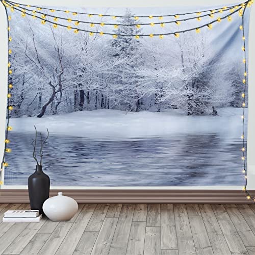 ABAKUHAUS Weihnachten Wandteppich, Gefrorener See im Winter, Wohnzimmer Schlafzimmer Heim Seidiges Satin Wandteppich, 200 x 150 cm, Weiß von ABAKUHAUS