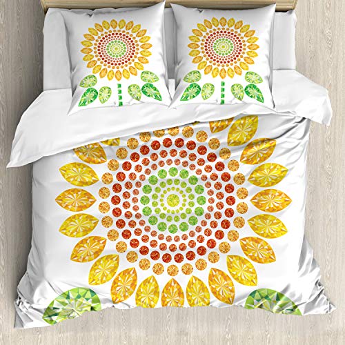 ABAKUHAUS Weiß Bettbezugs Set Für Doppelbetten, Sunflower Mandala-Entwurf, Milbensicher Allergiker geeignet mit Kissenbezügen, Gelb Weiß und Grün von ABAKUHAUS