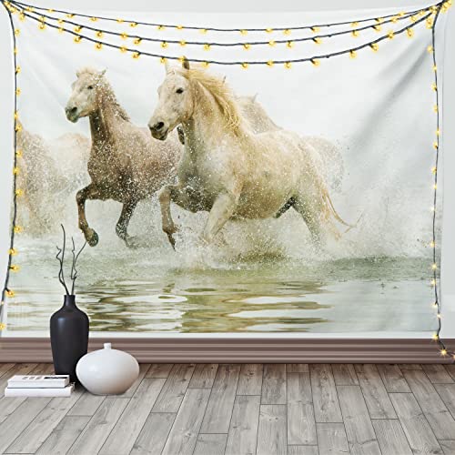 ABAKUHAUS Weiß Wandteppich und Tagesdecke, Camargue Pferde in Wasser aus Weiches Mikrofaser Stoff Waschbar ohne Verblassen Digitaldruck, 230 x 140 cm, Beige Weiß von ABAKUHAUS