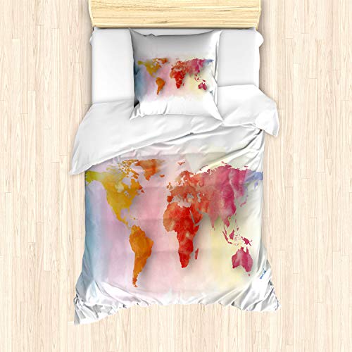 ABAKUHAUS Weltkarte Bettbezug Set für Einzelbetten, Aquarell Weltkarte, Milbensicher Allergiker geeignet mit Kissenbezug, Weiß Orange von ABAKUHAUS