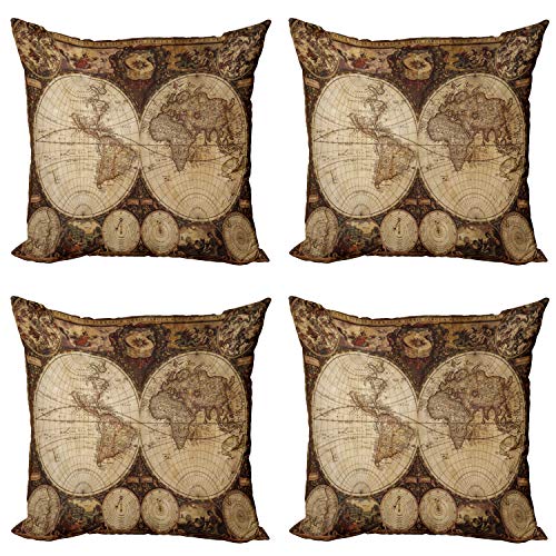 ABAKUHAUS Weltkarte Dekokissen Kissenbezug 4er Pack, Historische alte Atlas, Modern Accent Doppelseitiger Digitaldruck, 45 x 45 cm, Taupe Braun von ABAKUHAUS