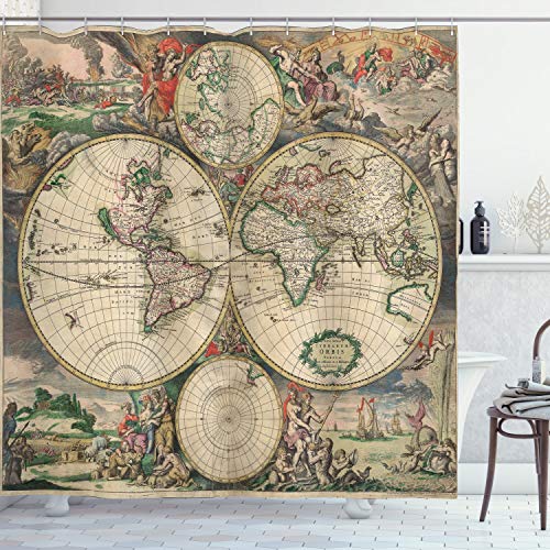 ABAKUHAUS Weltkarte Duschvorhang, Antike Klassiker, Stoffliches Gewebe Badezimmerdekorationsset mit Haken, 175 x 240 cm, Mehrfarbig von ABAKUHAUS