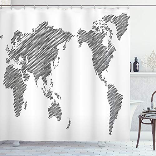 ABAKUHAUS Weltkarte Duschvorhang, Flüchtige Kontinente, Stoffliches Gewebe Badezimmerdekorationsset mit Haken, 175 x 180 cm, Charcoal Grau Weiß von ABAKUHAUS