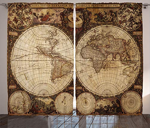 ABAKUHAUS Weltkarte Rustikaler Vorhang, Historische alte Atlas, Wohnzimmer Universalband Gardinen mit Schlaufen und Haken, 280 x 225 cm, Braun Kamel von ABAKUHAUS