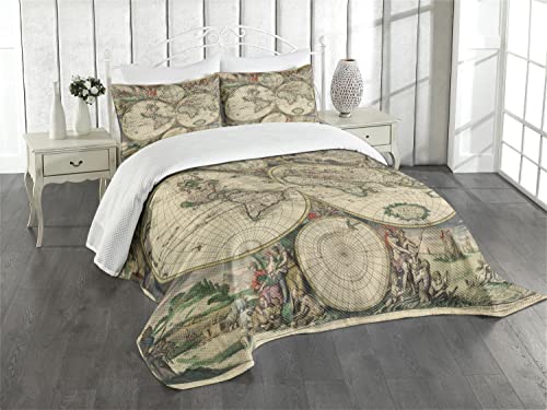 ABAKUHAUS Weltkarte Tagesdecke Set, Antike Klassiker, Set mit Kissenbezügen Sommerdecke, für Doppelbetten 220 x 220 cm, Grün Beige von ABAKUHAUS