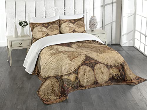 ABAKUHAUS Weltkarte Tagesdecke Set, Historische alte Atlas, Set mit Kissenbezug Mit Digitaldruck, für Einzelbetten 170 x 220 cm, Braun und Beige von ABAKUHAUS