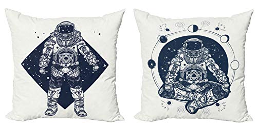 ABAKUHAUS Weltraum Dekokissen Kissenbezug 2er Pack, Galactic Astronaut Kunst, Modern Accent Doppelseitiger Digitaldruck, 50 x 50 cm, Nachtblau von ABAKUHAUS