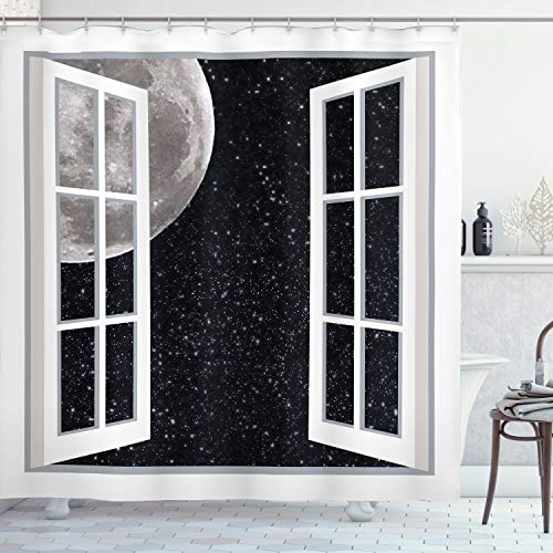 ABAKUHAUS Weltraum Duschvorhang, Fenster zum Weltraum, Stoffliches Gewebe Badezimmerdekorationsset mit Haken, 175 x 180 cm, Schwarz Weiß Grau von ABAKUHAUS
