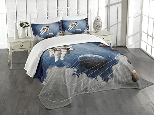 ABAKUHAUS Nebel Tagesdecke Set, Astronaut Planeten Weltraum, Set mit Kissenbezügen Waschbar, für Einzelbetten 170 x 220 cm, Blau Grau von ABAKUHAUS