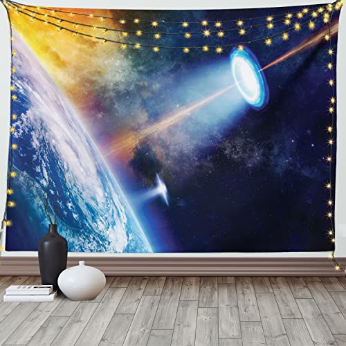 ABAKUHAUS Weltraum Wandteppich und Tagesdecke, UFO on Earth Sci-Fi, aus Weiches Mikrofaser Stoff Wand Dekoration Für Schlafzimmer, 150 x 110 cm, Blau Orange von ABAKUHAUS