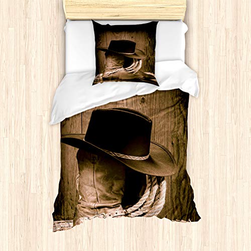 ABAKUHAUS Western Bettbezug Set für Einzelbetten, Wilder Cowboyhut Holz, Milbensicher Allergiker geeignet mit Kissenbezug, Braun von ABAKUHAUS