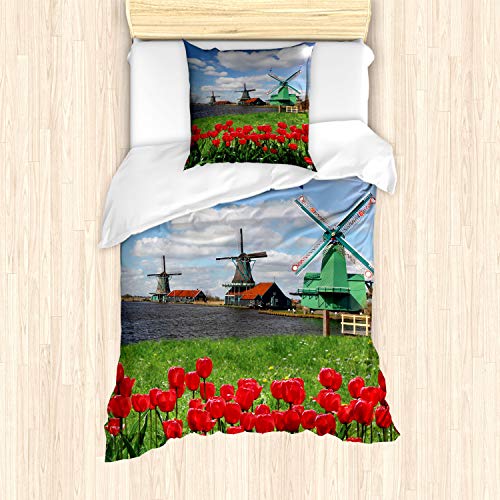 ABAKUHAUS Windmühle Bettbezug Set für Einzelbetten, Rote Farbe Tulpen Feld, Milbensicher Allergiker geeignet mit Kissenbezug, Grün Rot von ABAKUHAUS