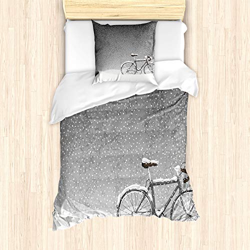 ABAKUHAUS Winter Bettbezug Set für Einzelbetten, Fahrrad Schnee Ruhe Szene, Milbensicher Allergiker geeignet mit Kissenbezug, Taupe Weiß von ABAKUHAUS